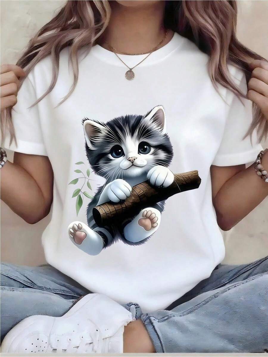 1 pieza, camiseta de manga corta de algodón puro clásica y versátil, ideal para usar en cualquier estación, con estampado divertido para mujeres y estilo moderno - Blanco - Ver 1