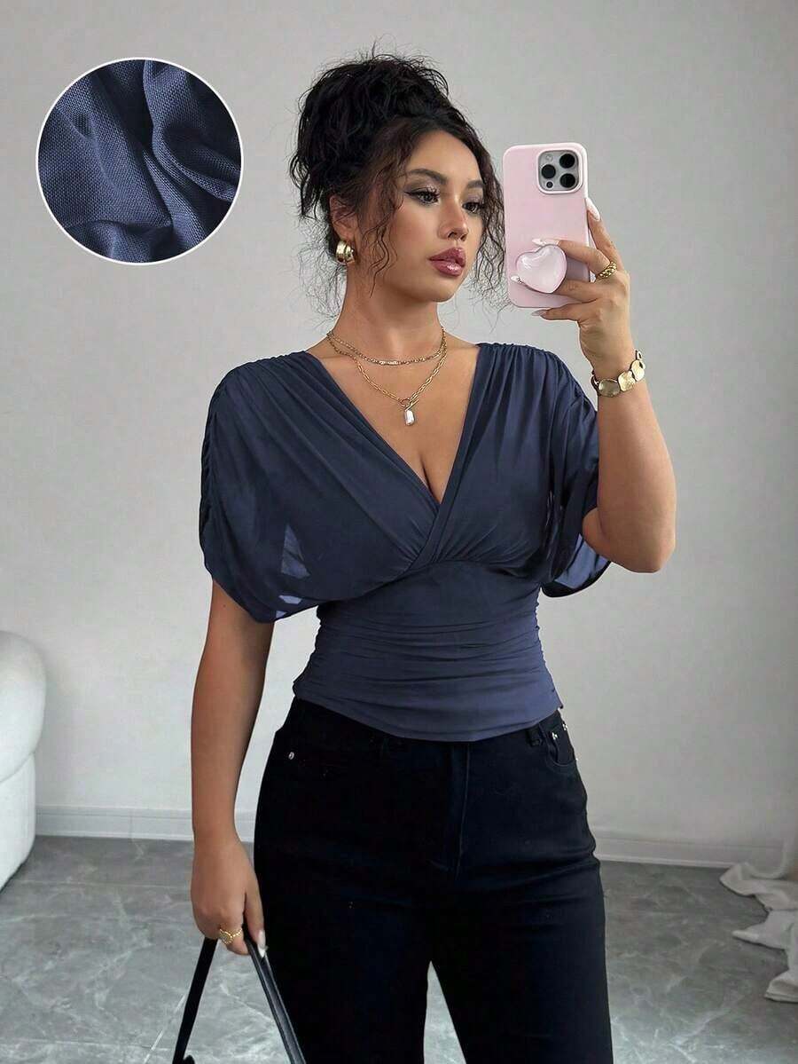 Camiseta con manga de hombro fruncida, elástica, de tela con forro de malla elegante para vacaciones, playa y uso casual, de estilo romántico francés, con dobladillo con volantes, adecuada para uso al aire libre y para el día a día, para primavera/verano - Azul marino - Ver 1