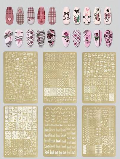 1pc Printed Steel Plate, New Ins Style Limited Edition Leopard, Zebra, Plaid, Snake, Blue Bird, French Ribbon Bow, Heart, Cherry, Butterfly, Star, Cute Expression Pattern Stamp Template, Nail Art Stamping Steel Plate, French Plaid Print Nail Art Tool