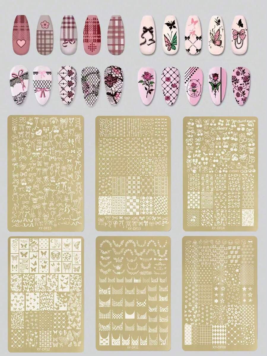 1片印花钢板,新款ins风限量版,图案包括豹纹、斑马纹、格子纹、蛇纹、蓝鸟、法式蝴蝶结、爱心、樱桃、蝴蝶结、星星等可爱表情图案,美甲印花钢板,法式格子印花美甲工具 - 金色 - 查看 1