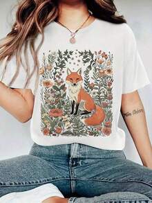 Camiseta gráfica de mujer estilo boho con estampado de zorro en flores silvestres, estilo cottagecore, cuello redondo, manga corta, corte holgado, para amantes de la naturaleza, 100% algodón, moda para todas las estaciones, camisetas de verano, transpirable y cómoda. - Blanco - Ver 11