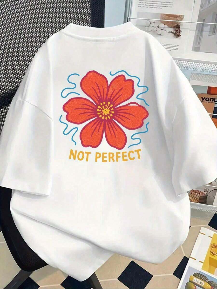 Camiseta de manga corta de talla grande para mujer - Camiseta básica casual de corte holgado, elegantes tops de poliéster, camiseta de manga corta estampada con diseño floral en la parte delantera y trasera - Flores naranja-rojas, "NOT PERFECT" - Camiseta estampada de primavera/verano para mujer, ¡tu mejor elección!Transpirable y cómodo - Blanco - Ver 1