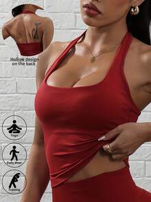 Women's 2-Piece Fitness Set Halter Neck Cropped Top + High Waist Cycling Shorts, Yoga Workout Set - Red - View 3