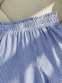 Conjunto casual diario de mujer con camiseta de tirantes de unicolor y blusa de manga larga a rayas de solapa única con pantalones cortos - Azul - Ver 7