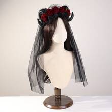 Nuova fascia per capelli in rete con fiori del Giorno dei Morti e rosa nera, copricapo per feste di Ognissanti, accessorio per capelli con corna - TS024D - Visualizzare 4