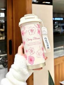 1个500毫升粉/白樱花图案保温咖啡杯，优雅花卉风格SUS304不锈钢高筒圆柱形二合一饮用盖防漏便携旅行杯，带腕带，适用于冰咖啡、茶、日常通勤、办公、送礼及所有季节 - 彩色 - 查看 9