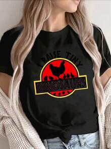 Polyester Short-Sleeved T-Shirt With Fun Dinosaur And Chick Prints, Lightweight And Durable, Suitable For Casual Wear At Home Or In Restaurants, Available In Multiple Styles. - Black - View 7