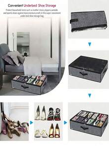 1pc 12-Grid Foldable Fabric Shoe Box With Transparent Cover And Dual Handles - Non-Woven Material Under Bed Shoe Storage Box, Stackable To Save Space, Suitable For Sneakers, High Heels, Socks, Closet, Dorm And Bedroom - Dark Grey - View 6