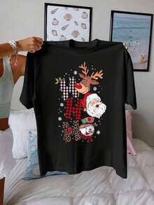 Top Casual de Manga Corta Talla Grande con Estampado Navideño y Cuello Redondo, Adecuado para Verano y Primavera, Ropa de Mujer. - Negro - Ver 6