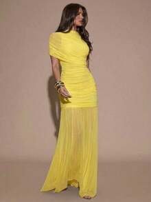 xhe X GALILEA   Vestido ajustado con pliegues elegantes, adecuado para cóctel, cita romántica, capas de otoño/invierno, fiesta, reunión formal, Halloween, Navidadxhe - Amarillo - Ver 4