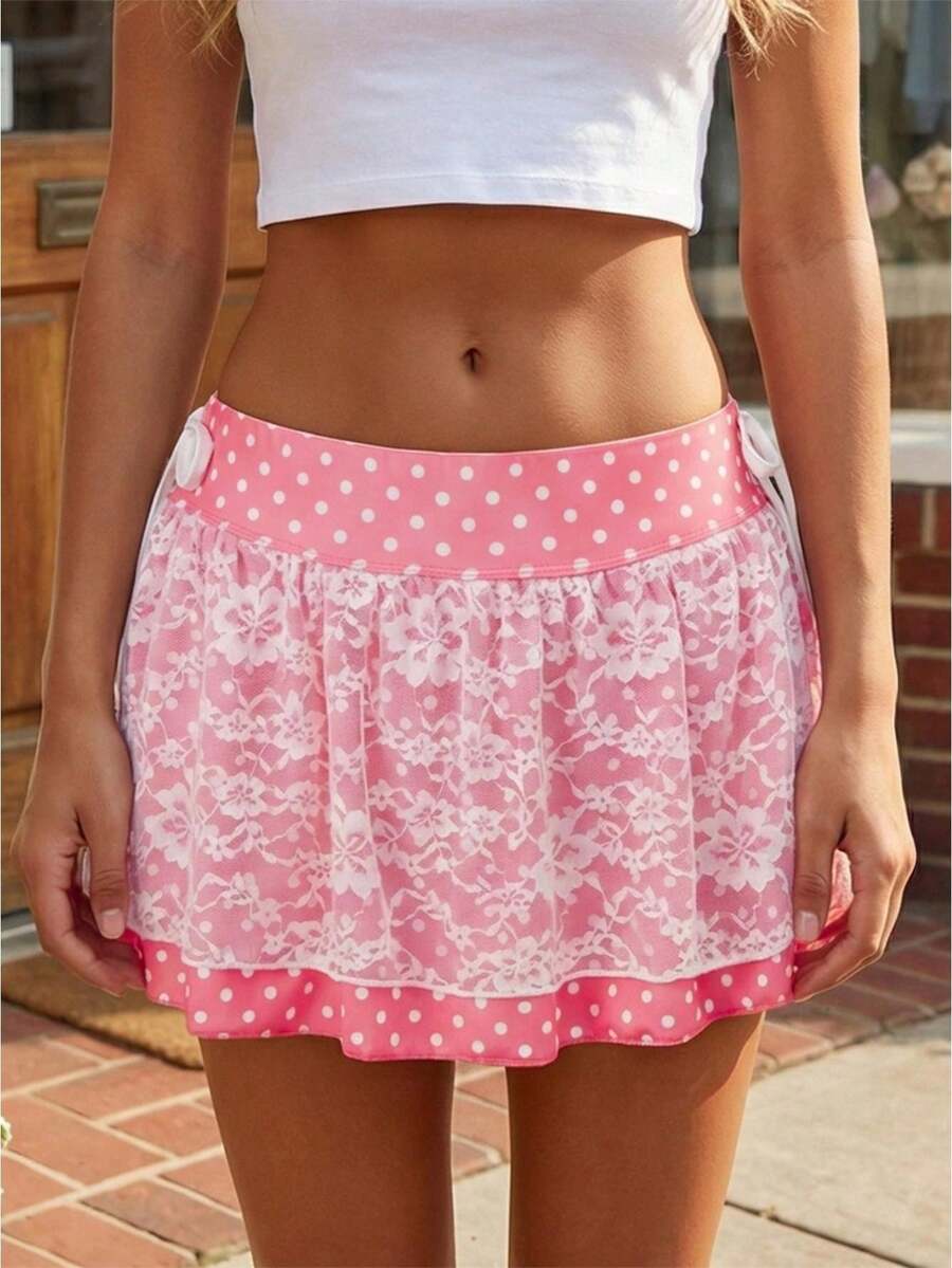Minifalda de encaje para mujer con tirantes laterales, elegante falda con volantes y estampado de lunares para uso diario en la playa durante el verano. - Rosa - Ver 1