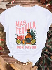 Elegante y casual mujer manga corta,Women T Shirt Cinco De Mayo Mas Tequila Por Favor Bottle And Flower Print Black Casual Party Wear Summer - Blanco - Ver 3