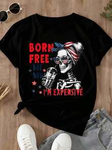 Camiseta de manga corta para mujer, estilo casual, corte holgado, cuello redondo, con gráfico de esqueleto patriótico y texto "Nací libre, pero ahora soy caro" para la celebración del Día de la Independencia y uso diario en verano. - Negro - Ver 3