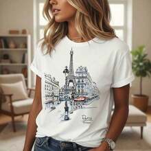 Camiseta de Algodón para Mujer con Estampado de la Torre Eiffel de París, Camiseta Casual de Manga Corta con Cuello Redondo, Corte Holgado, Tallas S-5XL, Camiseta Gráfica de Moda Veraniega para Vacaciones, Diseño Vintage de Paisaje Urbano Blanco, Blusa de Algodón Suave y Transpirable - Blanco - Ver 9