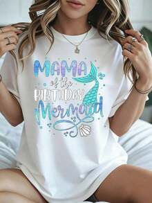 Elegante y casual mujer manga corta,Mama Of The Birthday Mermaid T Shirt Birthday Party Mermaid Print  Casual Wear Summer - Blanco - Ver 8