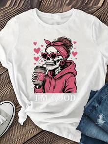 Camiseta estampada para mujer, camisa casual de manga corta con cuello redondo, diseño de calaveras, estilo de moda de verano, camisetas de algodón para mujer, blusas negras para damas. - Blanco - Ver 1