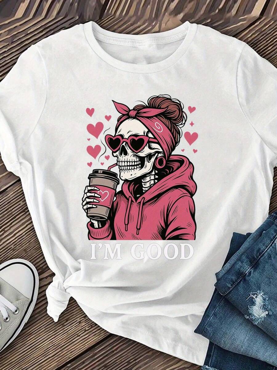 Camiseta estampada para mujer, camisa casual de manga corta con cuello redondo, diseño de calaveras, estilo de moda de verano, camisetas de algodón para mujer, blusas negras para damas. - Blanco - Ver 1