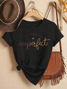Women's Plus Size Oversized T-Shirt "The Perfect Imperfection" - Round Neck, Short Sleeve, Loose Fit, Ideal For Spring, Summer And Autumn, Casual Clothing With Letter Print - 黑 - 查看 3