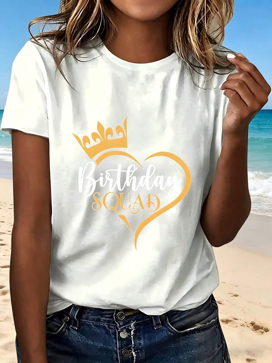 Birthday Squad Crown Heart Design T Shirt With Fashion Trendy Style Party Celebration Perfect Gift For Birthday Events Casual Wear Outfit Choice - Blanco - Ver 1