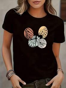Camiseta de Mujer a la Moda, de Algodón, Talla Grande, con Estampado Creativo de Letras, Sin Pelusas, de Manga Corta, Cuello Redondo, Ropa para Actividades al Aire Libre, Adecuada para Fitness, Correr y Uso Diario Durante Todo el Año. - Negro - Ver 1