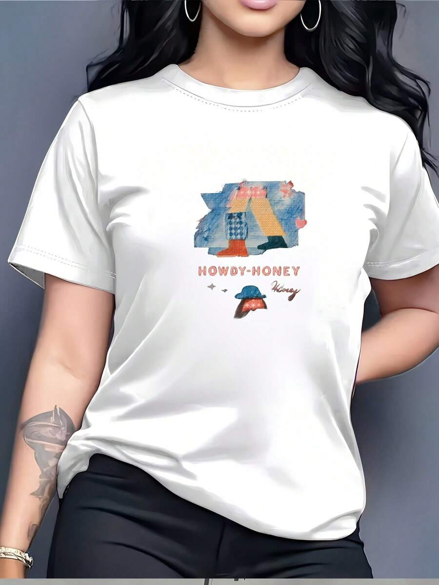 Camiseta con Estampado "Howdy Honey" - Ligera y cómoda, camiseta de verano de 180G, adecuada para el ocio de verano, actividades de team building y vacaciones - un regalo perfecto para familiares y amigos. - Blanco - Ver 1