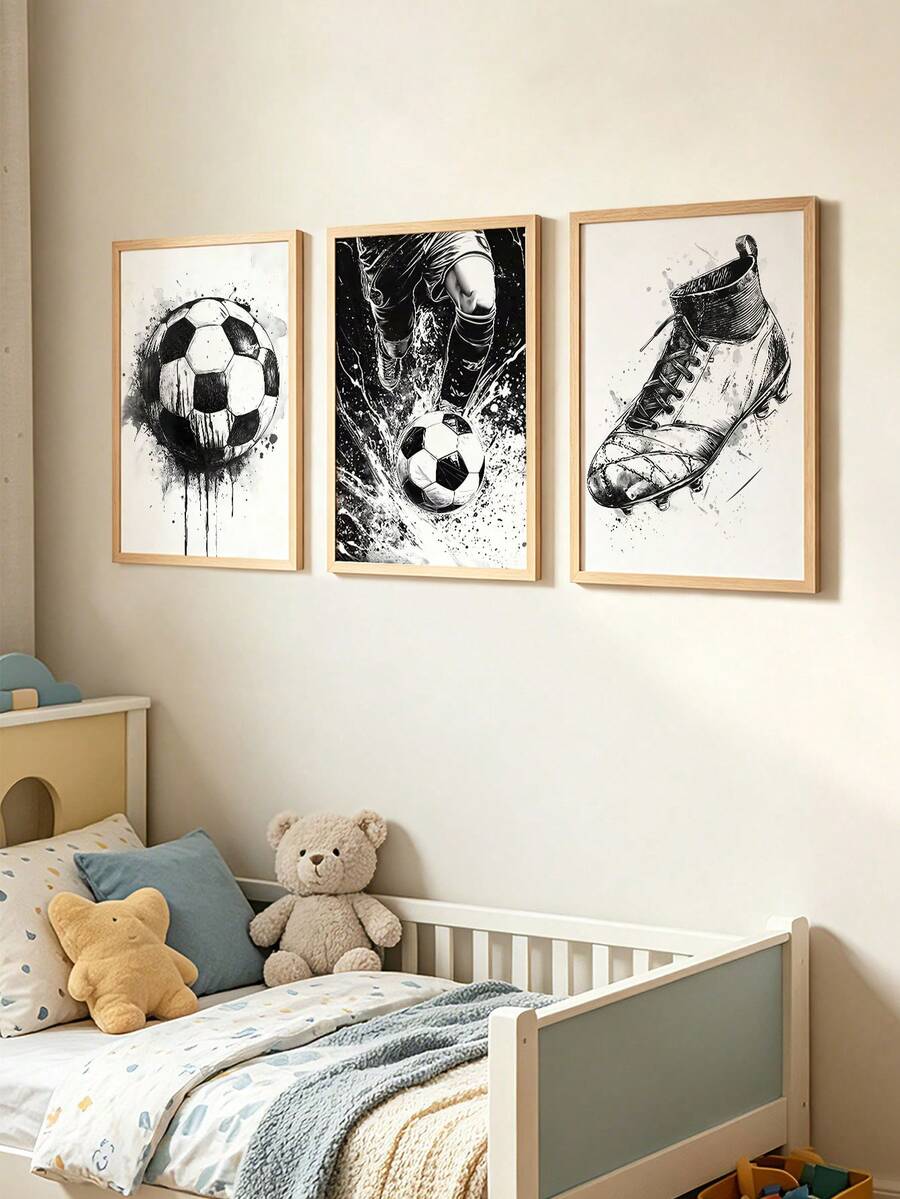 3 Piezas Pósteres de la Copa del Mundo Impresiones de Fútbol Pinturas con Tema de Fútbol Póster de Arte Deportivo Impresiones de Arte en Blanco y Negro Arte de Pared Moderno Decoración de Habitación Infantil Decoración de Pared de Sala de Estar Sin Marco - Dibujos animados - Ver 1