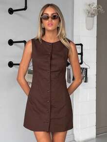 Vestido tipo tirante de algodón puro 2026, corte A ajustado, estilo elegante y sofisticado. - Café - Ver 3