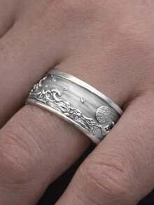 Bold Yellow Relief Landscape Circle Geometric Ring For Men And Women, Daily Commute Gift Jewelry - White - View 4