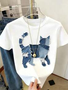 Camiseta de manga corta de mezclilla para mujer con aplique de gato, top casual con temática de mascotas, desgastado y roto, corte holgado, efecto adelgazante, cómoda y transpirable, estilo retro americano grunge, camiseta para mujer, perfecta para el día a día, citas nocturnas, reuniones de chicas, festivales deúsica, conjuntos de primavera y verano. - Blanco - Ver 7