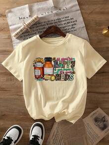 Camiseta de corte regular para mujer con estampado "Happy Meds" - Mangas cortas, cuello redondo, top casual de verano, con diseños divertidos de medicamentos y vitaminas, mezcla de poliéster ligera, adecuada para primavera y verano, ropa casual relajada. |   Camiseta con Estampado Divertido |   Estampado de patrones medicinales, atuendo casual diario de verano - Albaricoque - Ver 12
