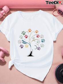 Women's Casual Top. Plus Size Women's Short-Sleeved Athletic T-Shirt With A Paw Print And Tree Print. A Must-Have For Everyday Casual Wear. - 黑色 - 查看 8