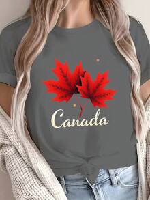 Camiseta suave para mujer de diseño sencillo, con un estampado de hoja de arce rojo canadiense, elegante y práctica para el verano. - Negro - Ver 8