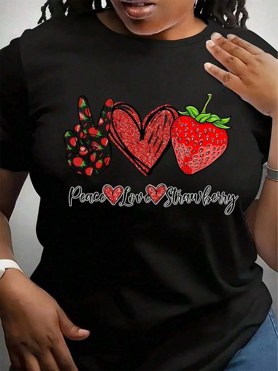 Women's Black Graphic T-Shirt - Adorable Strawberry Design With Peace Symbols - Soft Crew Neck Summer T-Shirt - Casual Top For Everyday Wear - Essential For A Vintage Retro Outfit, Weekend Style, Fun Print, Comfortable Material, Short Sleeve T-Shirt, For Adults - 黑色 - 查看 1