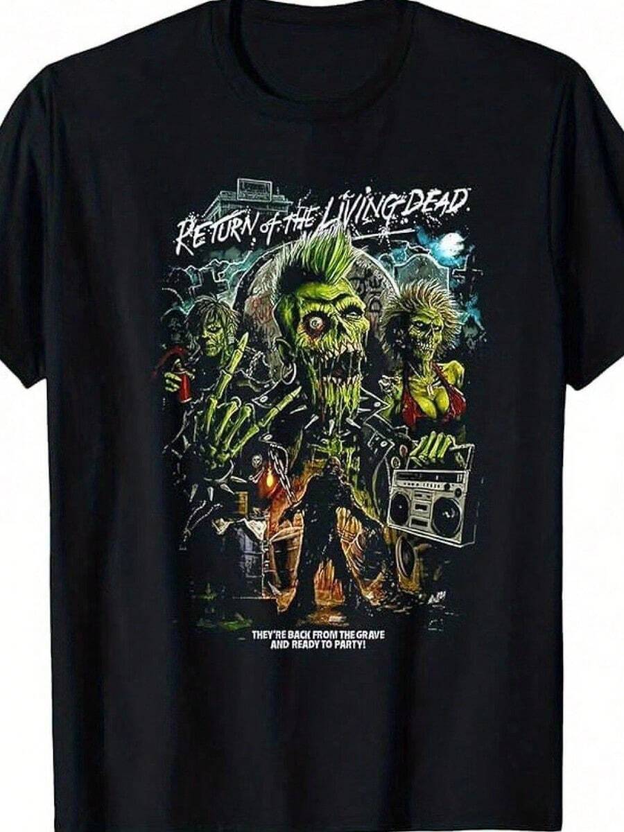 Camiseta de mujer con estampado gráfico de terror "El regreso de los muertos vivientes", de algodón negro, cuello redondo y manga corta, estampada con motivos de zombis y el logotipo de la banda. - Negro - Ver 1