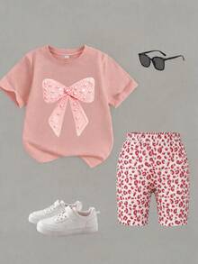 Pink Casual Round Neck T-Shirt Paired With All-Over Pink Leopard Print Shorts, Accented With Unique Creative Bow Pattern - Pink - View 3