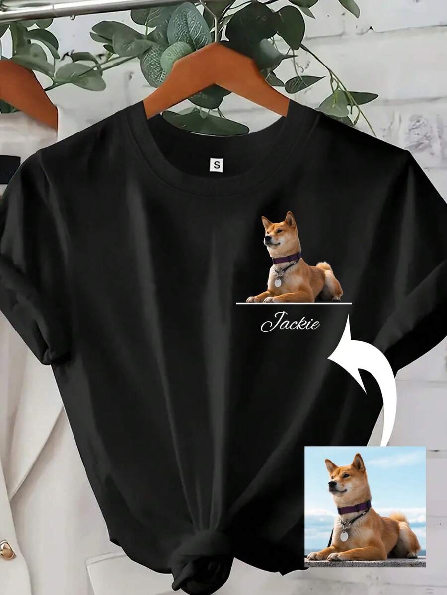 Camiseta personalizada con foto y texto para amantes de perros, playera con imagen de cachorro, regalo ideal para días festivos - Negro - Ver 1