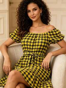 Casual Short Dress With Front Buttons, Long Sleeves, And A Plaid Print. - 黃色 - 查看 3