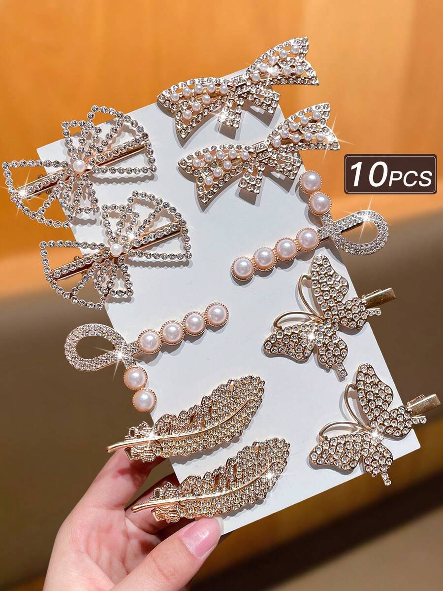 Bộ 10 kẹp tóc đính đá và ngọc trai giả sang trọng, gồm các kiểu dáng bướm và lá, thích hợp cho các bữa tiệc, đám cưới, làm quà tặng cho phụ nữ. - Nhiều màu - Xem 1