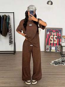 Conjunto informal de camiseta holgada y pantalones con textura mostaza para mujer - Marrón - Ver 6