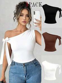 Camiseta ajustada de mujer talla grande de unicolor y cuello asimétrico, para verano - Multicolor 3 - Ver 7