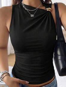 Fashionable Versatile Metal Decor Asymmetric Design Sleeveless Women Tank Top, New Spring/Summer Outerwear - Negro - Ver 2