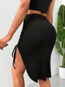 Falda de lápiz unicolor con abertura y cordón para ajustar el Body en verano - Negro - Ver 2