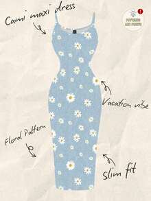Vestido ajustado con estampado completo de margaritas blancas sobre textura mecánica azul con estilo minimalista casual, adecuado para vacaciones de verano - Multicolor - Ver 1