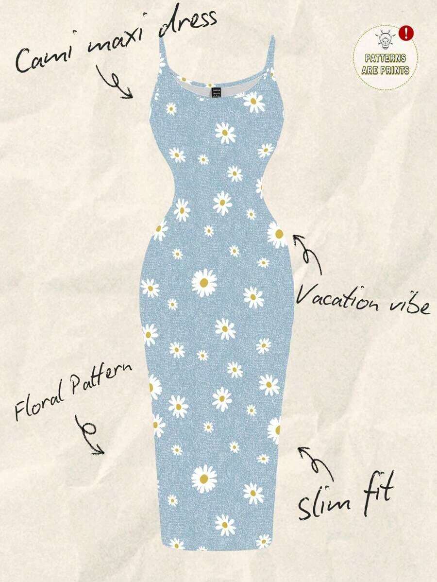 Vestido ajustado con estampado completo de margaritas blancas sobre textura mecánica azul con estilo minimalista casual, adecuado para vacaciones de verano - Multicolor - Ver 1