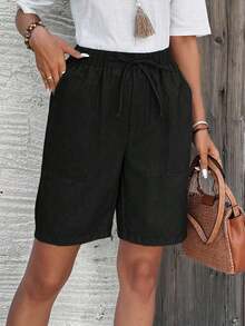 Bermudas, unicolor, con bolsillos laterales, corte holgado, longitud hasta la rodilla, cintura media, estilo básico - Negro 2 - Ver 4