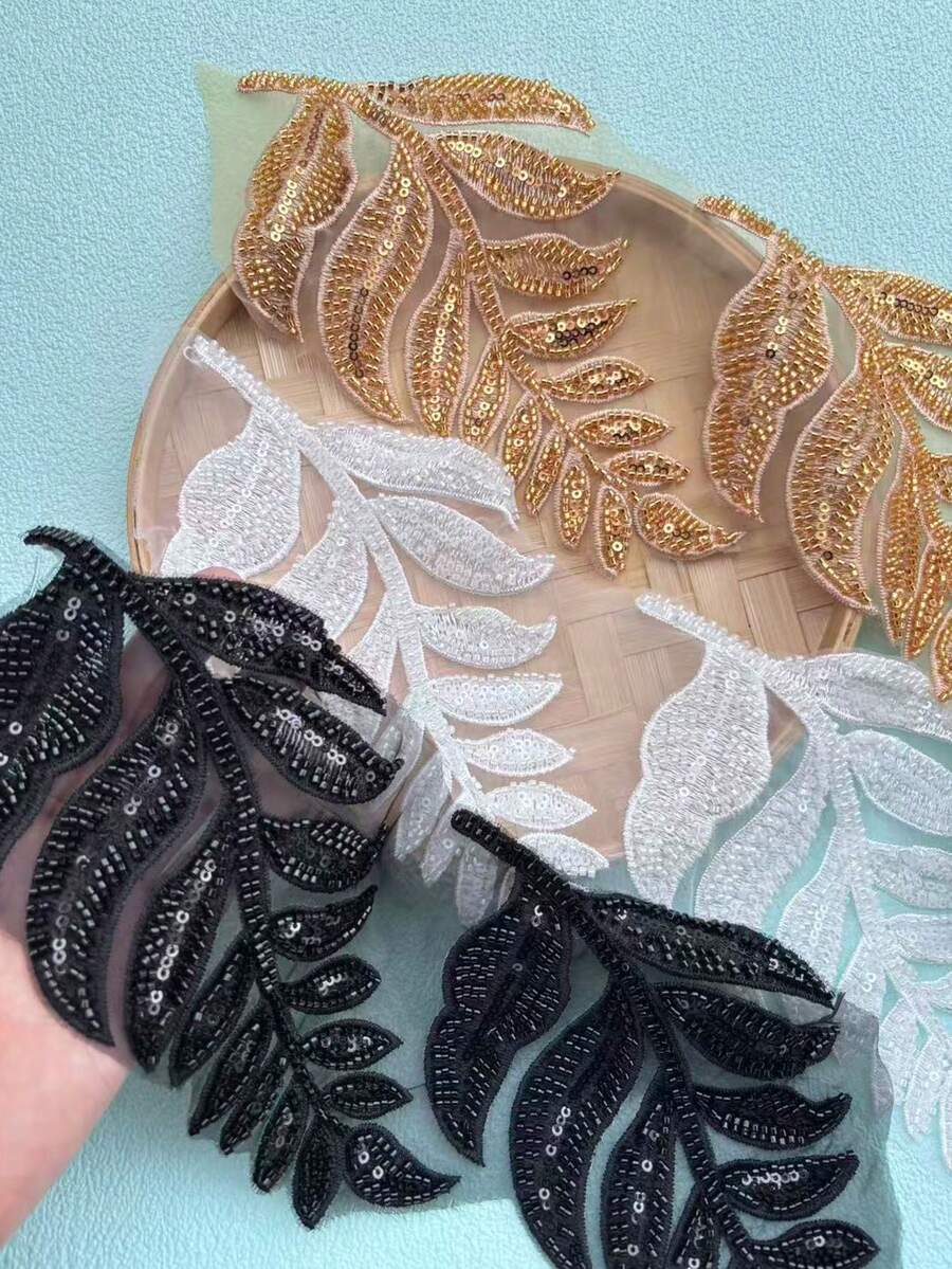 2pcs Leaf Sequin Beaded Fabric Patches, Sewing Accessories For Clothing DIY, Multi-Color Options - Leaf Style - View 1