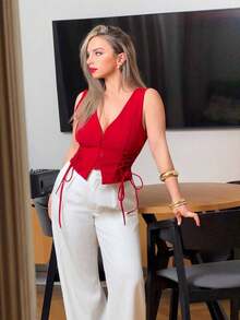 Parte superior de tirantes cruzados con botones de color rojo para mujer, ideal para el verano - Rojo - Ver 4