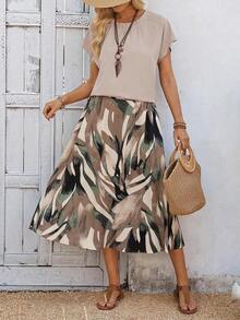 2 piezas Conjunto de top casual de unicolor + falda con estampado geométrico blanco y negro para vacaciones de mujer, Conjunto de ropa de verano para mujer, Conjunto de falda y top de verano, Conjunto de falda y top de mujer, Conjunto de falda - Multicolor 7 - Ver 6