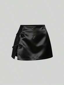 Minifalda de satén rosa con abertura y lazo, estilo A-line, sexy, adecuada para uso diario - Negro - Ver 7