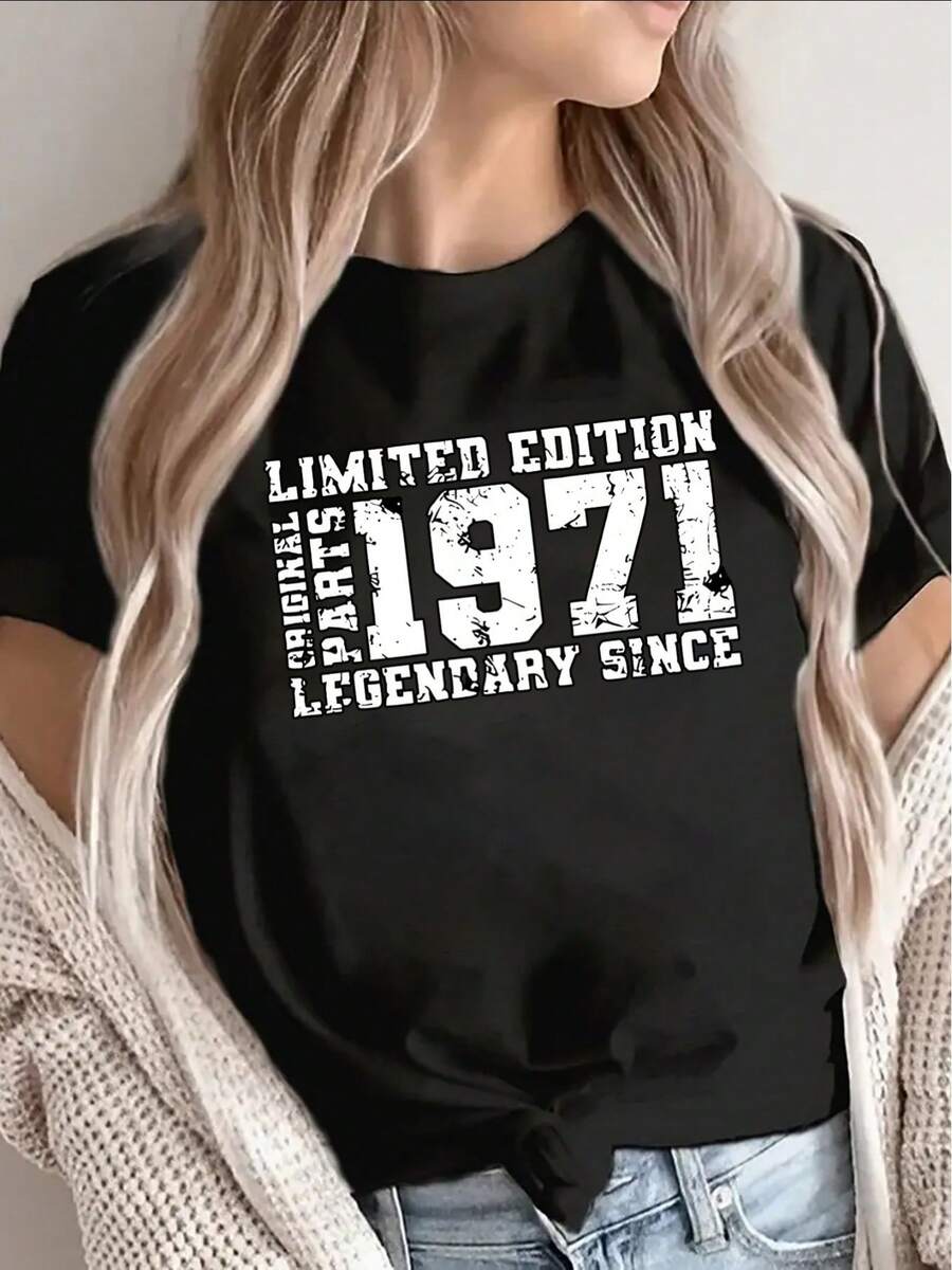 Camiseta de mujer, edición limitada 1971, de manga corta, con diseño informal, adecuada para uso doméstico o salidas informales en la industria de servicios de alimentación. Cuenta con un diseño ligero y duradero y un ajuste cómodo, adecuado para el uso diario, y está hecho de 100% algodón puro. - Negro - Ver 1